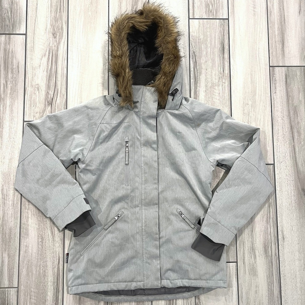 Turbine Ski Jacket Women Large Grey Good Faux Fur Hood Powder Skirt Technical